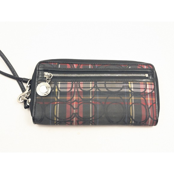 COACHβ Plaid Print Wristlet Wallet Black Red Zip Around Accordion - Picture 2 of 13